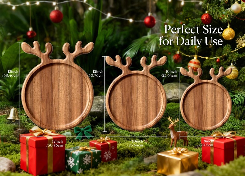 Dofira Acacia Antler Christmas Serving Platter, 12" x 15" Round Wooden Food Dish, Serving Dishes Charcuterie Board Tray for Cheese Fruit Bread, Christmas Platter for Housewarming Decro Wedding - Image 2
